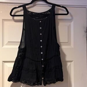 Free People Black Crochet-Trim Button-Back Camisole